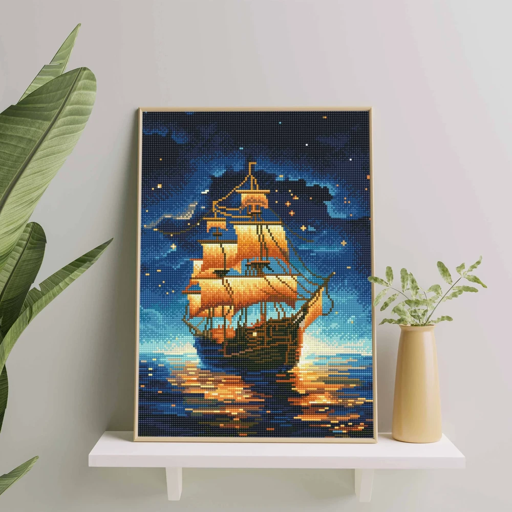 Laivas po žvaigždėmis 40×50 cm (apvalūs deimantukai)