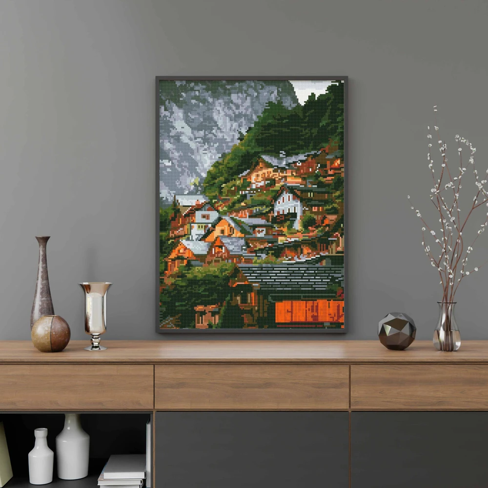 Miestelis kalnuose 40×50 cm (apvalūs deimantukai)