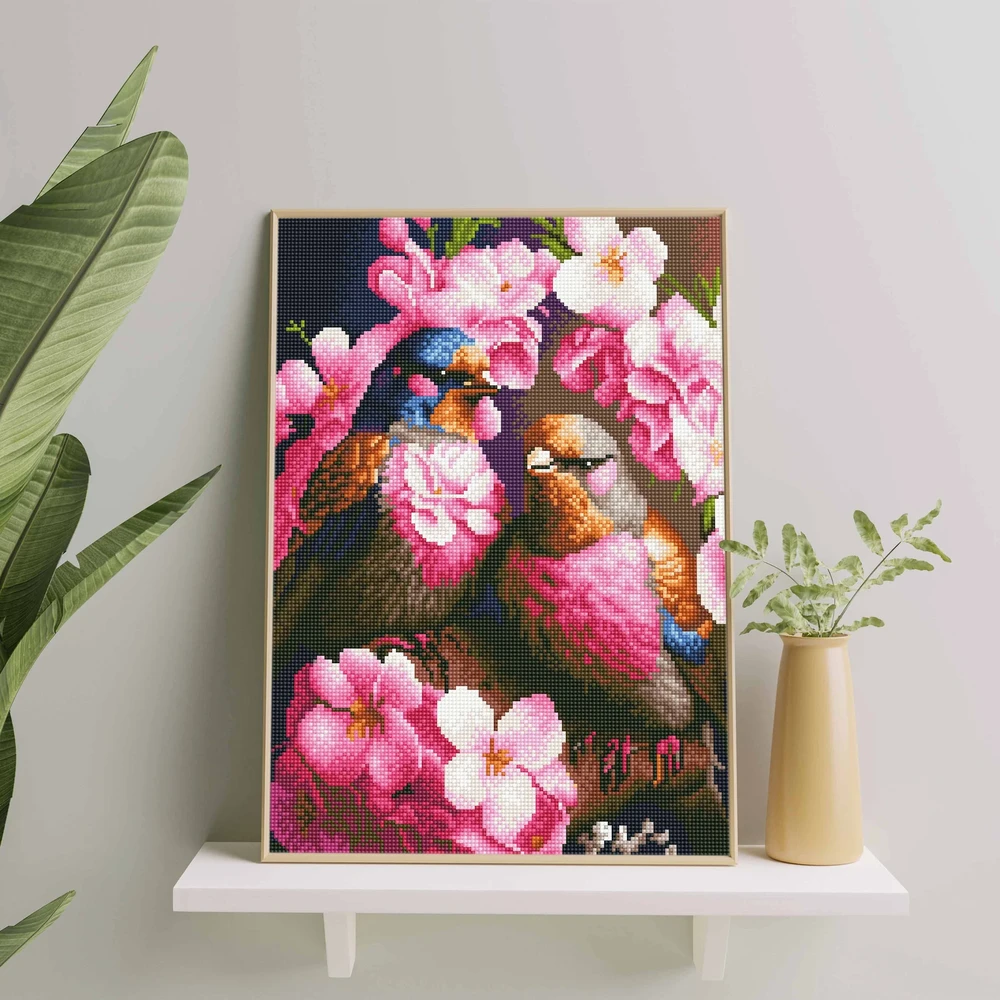 Rožiniai paukščiai 40×50 cm (apvalūs deimantukai)