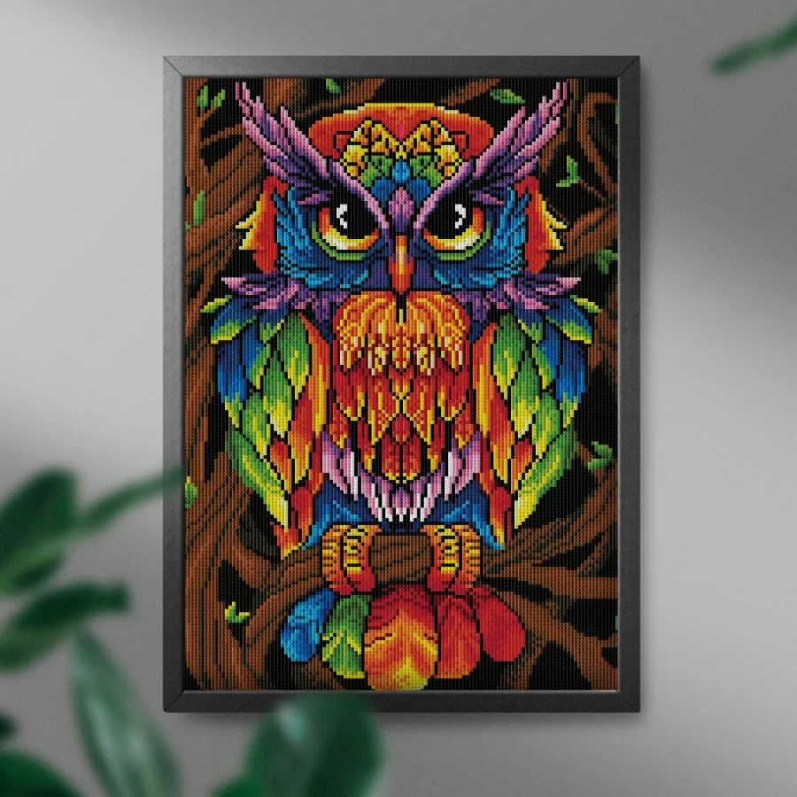 Spalvinga pelėda 40×50 cm (apvalūs deimantukai)
