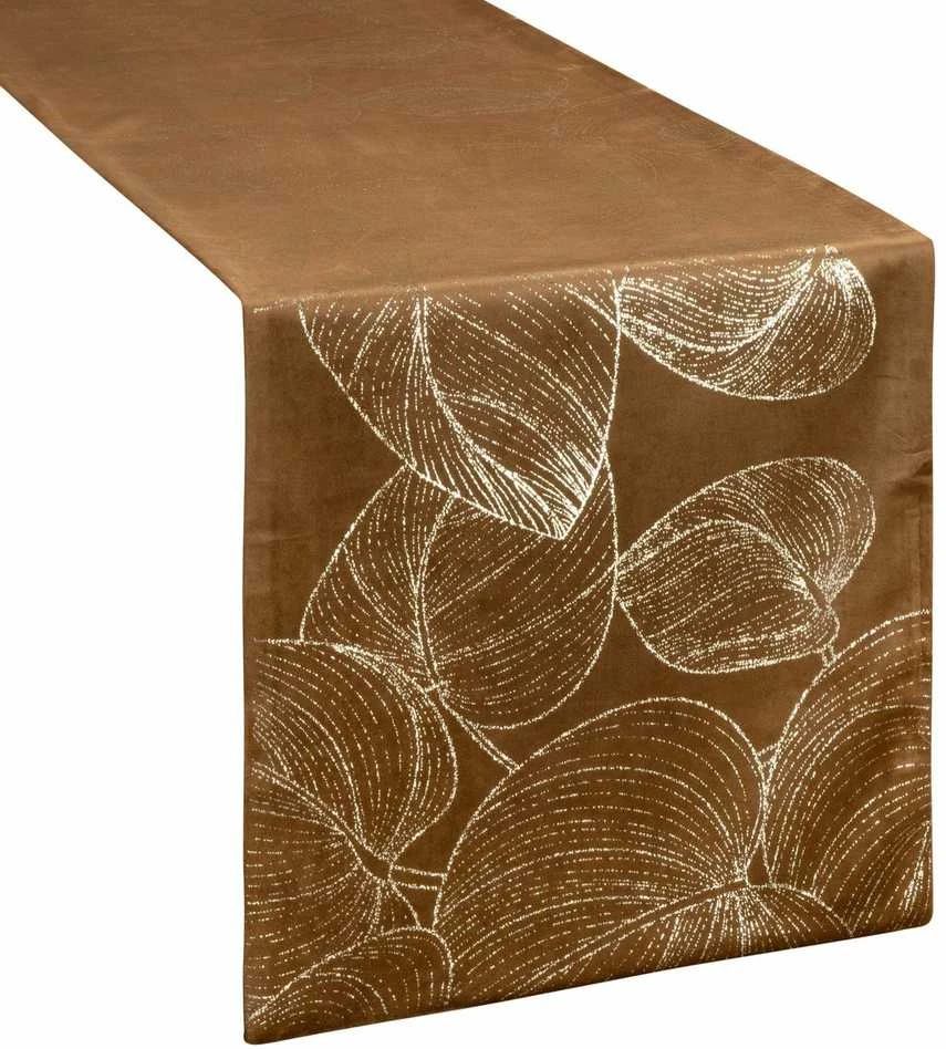 Eurofirany BLINK / 16 Aksominis stalo takelis su didelių lapų raštu, 35X180 cm, spalva: ruda