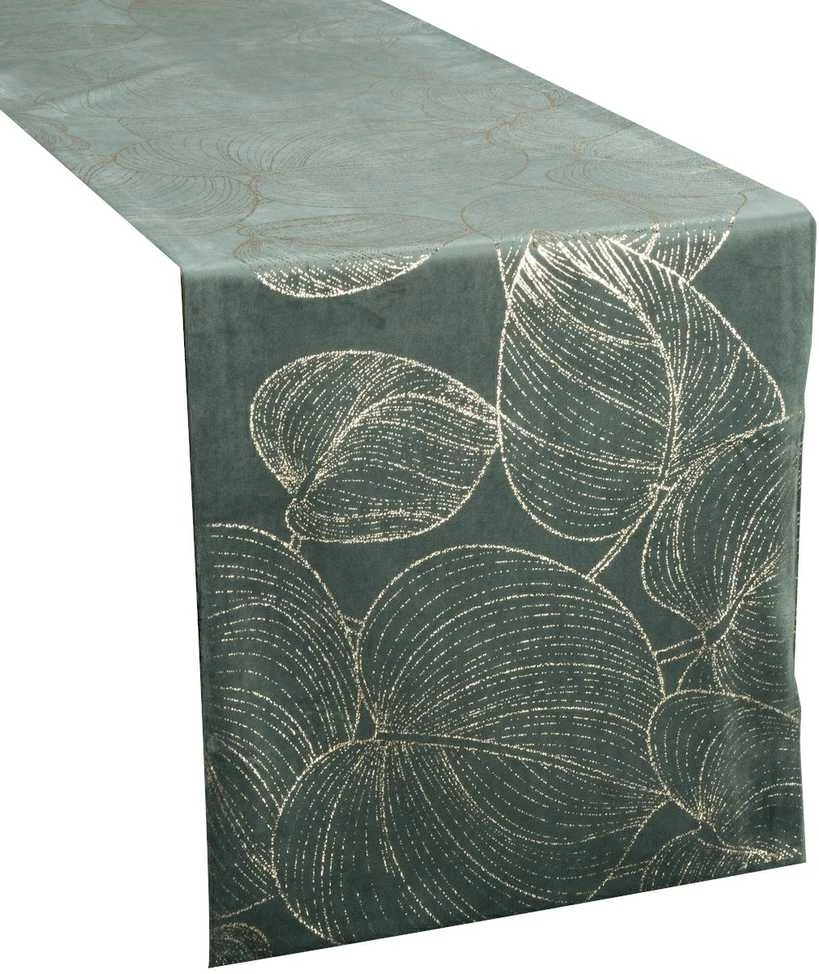 Eurofirany BLINK / 16 Aksominis stalo takelis su didelių lapų raštu, 35X140 cm, spalva: tamsiai mėtinė