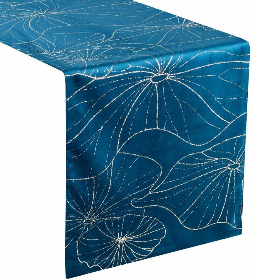 Eurofirany BLINK / 18 Aksominis stalo takelis su vandens lelijos lapų raštu, 35X180 cm, spalva: mėlyna