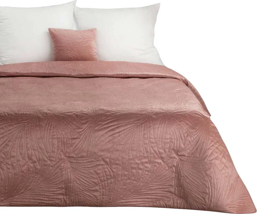 Eurofirany DESIGN 91 LUIZ / 4 Aksominė lovatiesė, dygsniuota karšto spaudimo būdu su palmių lapų raštu, 170X210 cm, spalva: rožinė Lovatiesė