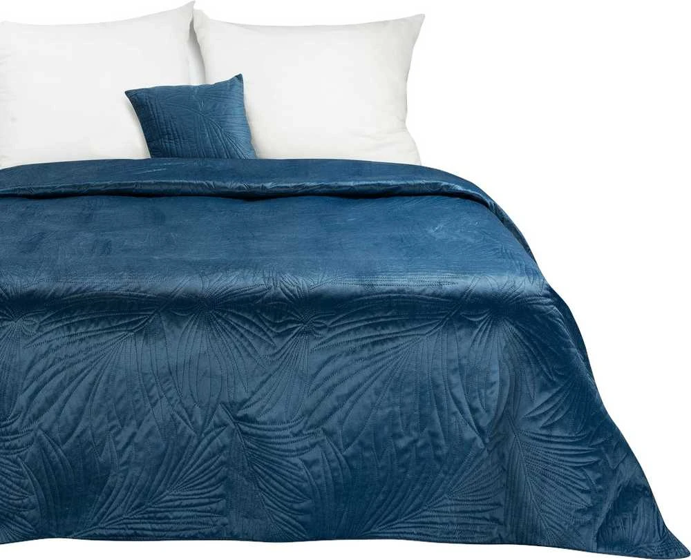 Eurofirany DESIGN 91 LUIZ / 4 Aksominė lovatiesė, dygsniuota karšto spaudimo būdu su palmių lapų raštu, 170X210 cm, spalva: mėlyna Lovatiesė