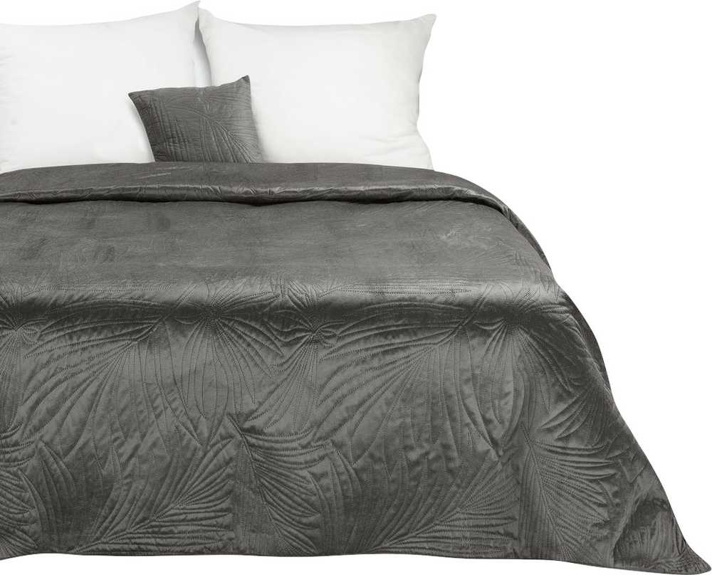 Eurofirany DESIGN 91 LUIZ / 4 Aksominė lovatiesė, dygsniuota karšto spaudimo būdu su palmių lapų raštu, 220X240 cm, spalva: grafito Lovatiesė