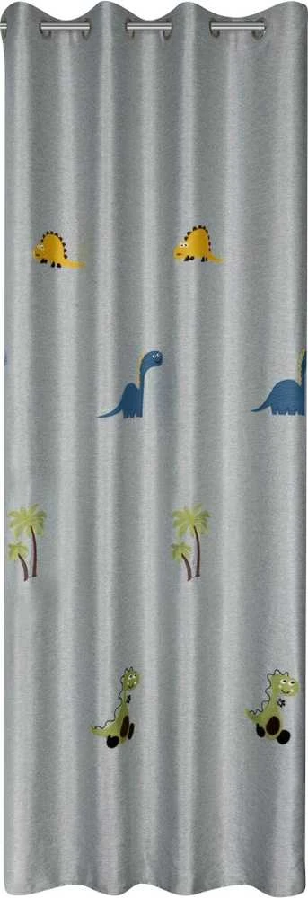 Eurofirany Vaikų kambario užuolaida su dinozaurais, sidabrinė su žalia aplikacija, 140x250 cm, paruošta užuolaida su žiedais, saulę blokuojantis poliesterio audinys, naktinė užuolaida vaikams