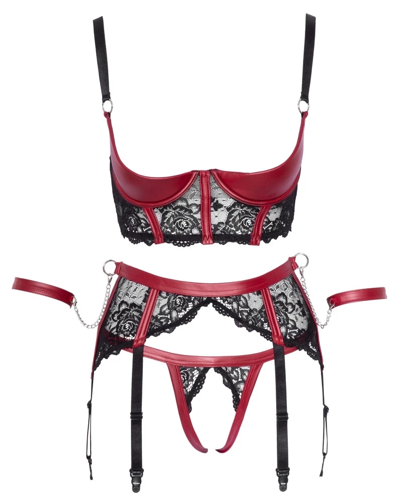 Cottelli Bondage Shelf Bra Set juodas/red XL