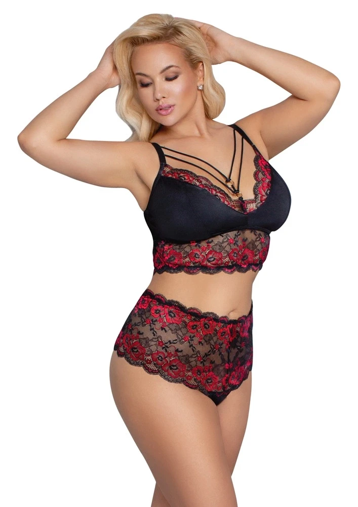 Cottelli Curves Bra and Briefs juodas/red 2XL