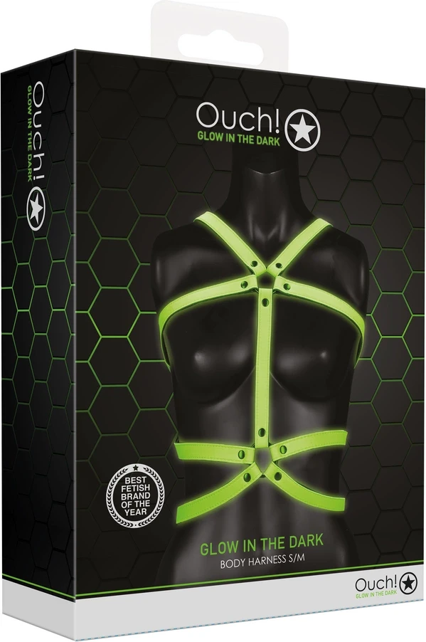 Ouch By Shots Ach! Kūno diržai - Glow in the Dark - Neoninis Žalias/Juodas - S/M