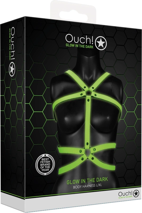 Ouch By Shots Ach! Kūno diržai - Glow in the Dark - Neoninis Žalias/Juodas - L/XL