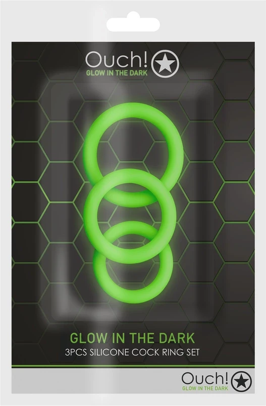 Ouch By Shots Ach! 3 vnt Gaidžio žiedų rinkinys - Glow in the Dark - Neoninis Žalias