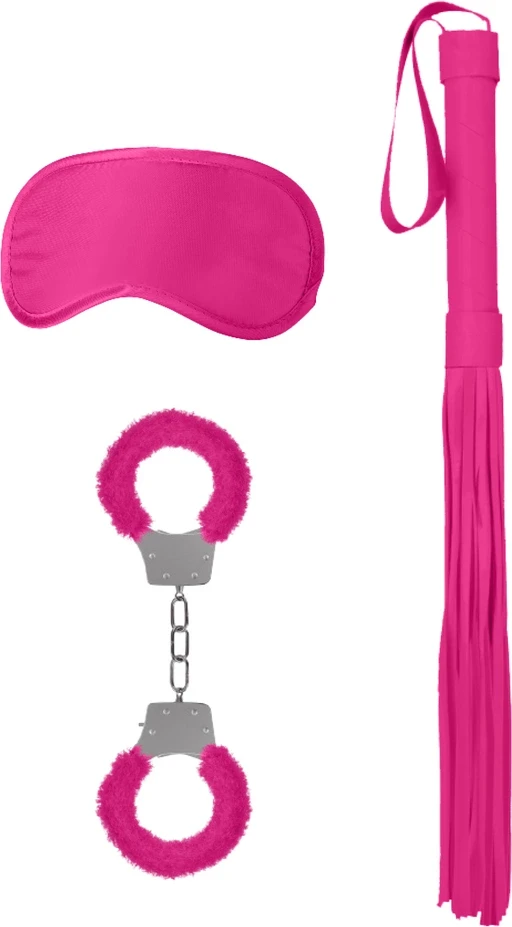 Rožinis bondage rinkinys: kaukė, antrankiai ir rimbuokė