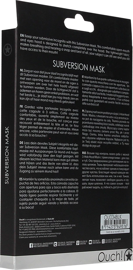 Subversion Mask - pakuotės galinė pusė su informacija