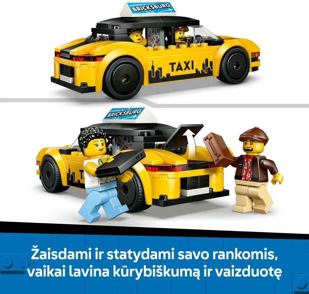 „LEGO® City“ geltonasis taksi, automobilio modelio rinkinys su 2 minifigūrėlėmis, 60487