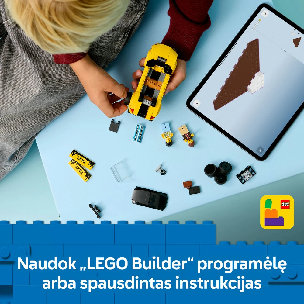 „LEGO® City“ geltonasis taksi, automobilio modelio rinkinys su 2 minifigūrėlėmis, 60487
