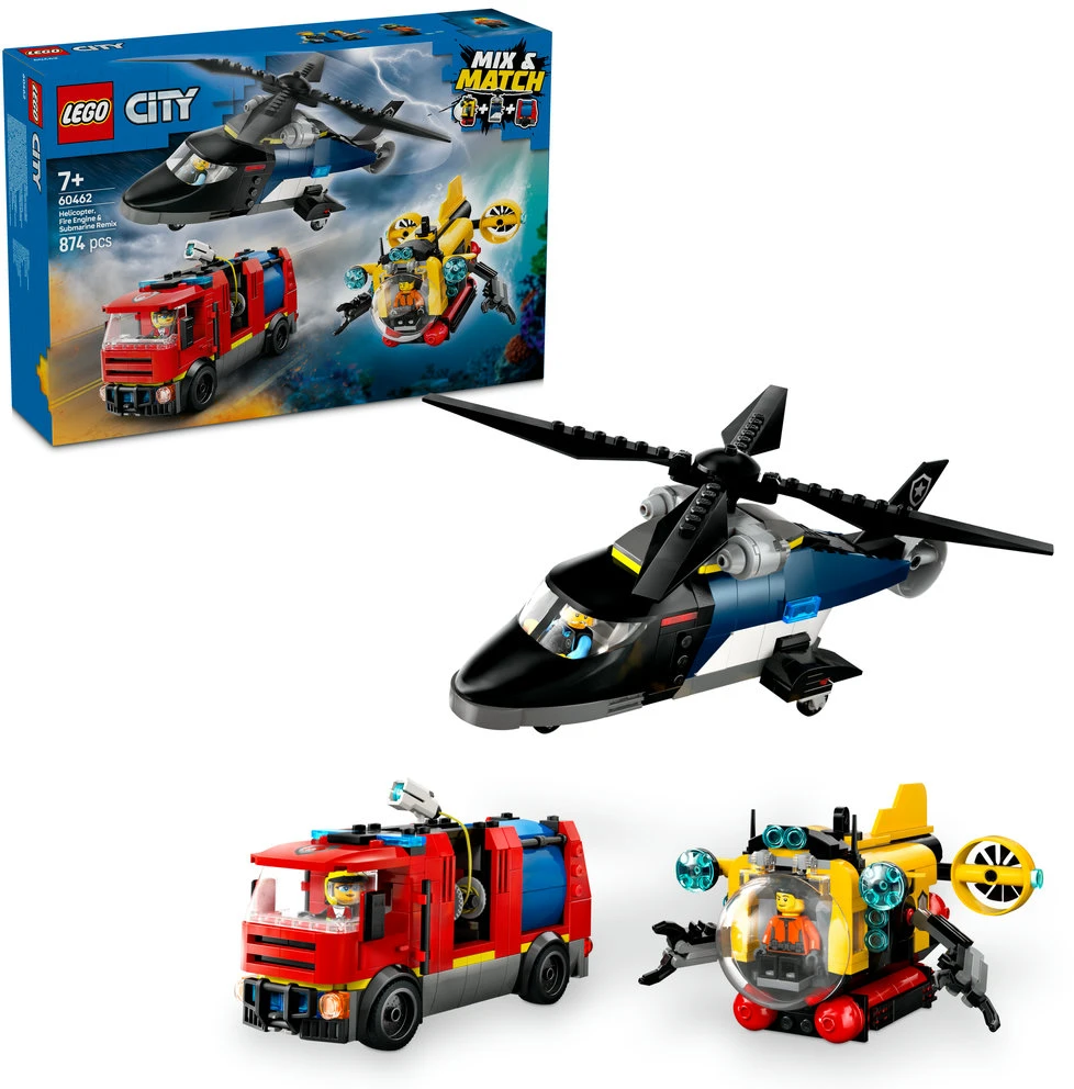 LEGO® City Sraigtasparnio, ugniagesių automobilio ir povandeninio laivo rinkinys (60462)