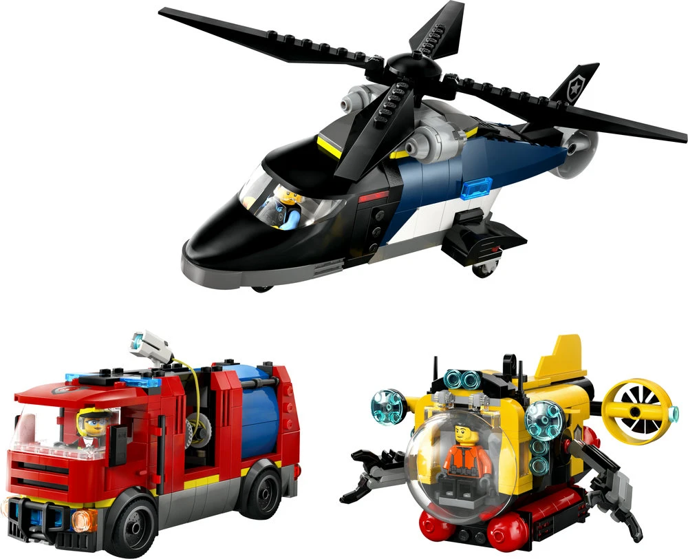 LEGO® City Sraigtasparnio, ugniagesių automobilio ir povandeninio laivo rinkinys (60462)
