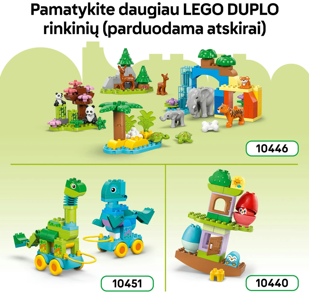 LEGO® DUPLO Gyvūnai ant ratukų „trys viename“ (10448)