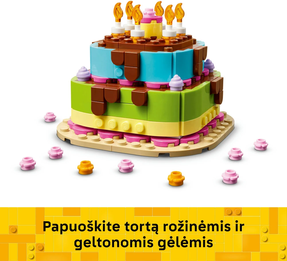 LEGO® gimtadienio tortas su dekoracijomis, smagus dovanų rinkinys, stalo dekoras 40815