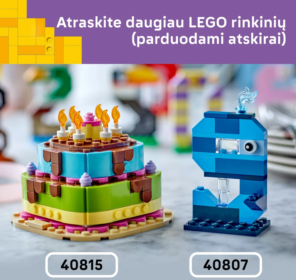 LEGO® gimtadienio tortas su dekoracijomis, smagus dovanų rinkinys, stalo dekoras 40815