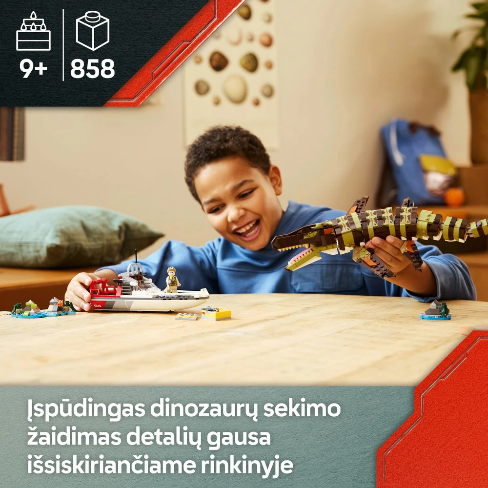 LEGO® Jurassic World Konstruojamas mozazauras ir misiją vykdantis laivas 76974
