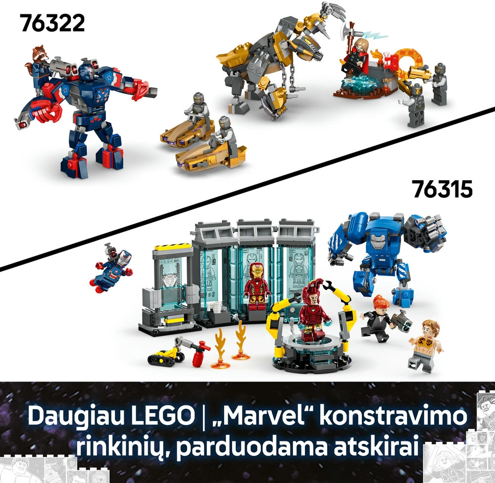 LEGO Marvel Geležinis žmogus ir Karo mašina prieš „Hammer“ dronus 76320