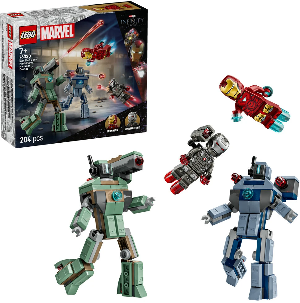 LEGO Marvel Geležinis žmogus ir Karo mašina prieš „Hammer“ dronus 76320