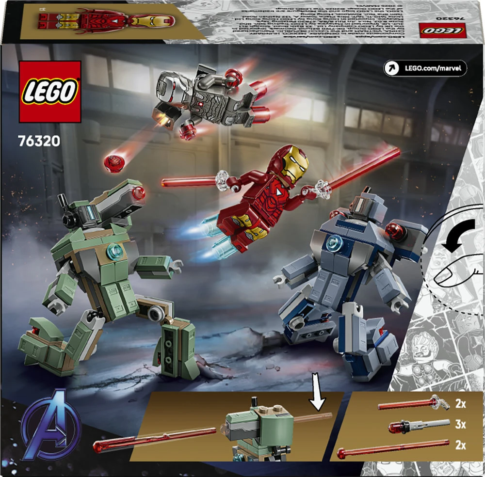 LEGO Marvel Geležinis žmogus ir Karo mašina prieš „Hammer“ dronus 76320
