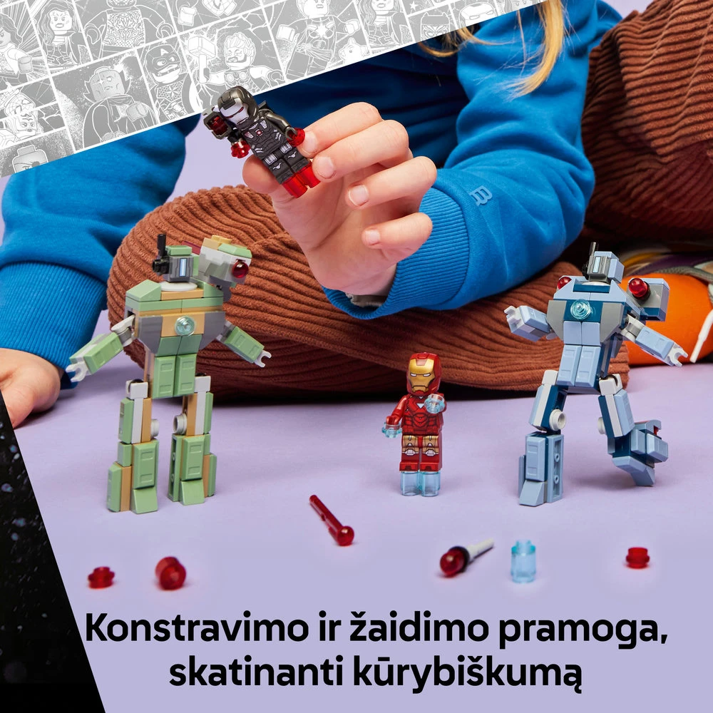LEGO Marvel Geležinis žmogus ir Karo mašina prieš „Hammer“ dronus 76320