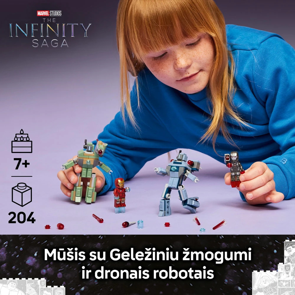LEGO Marvel Geležinis žmogus ir Karo mašina prieš „Hammer“ dronus 76320