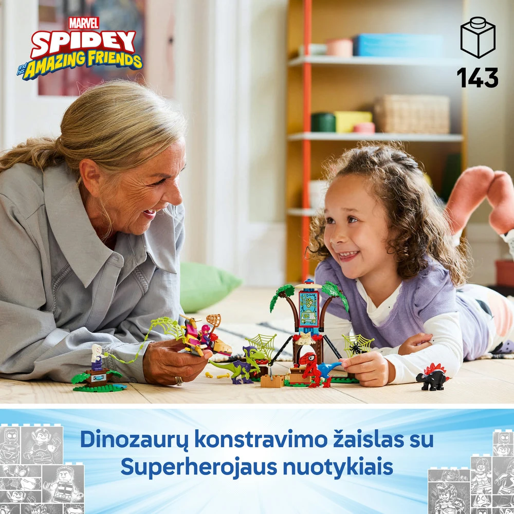 LEGO® Marvel Spidey And His Amazing Friends Voriuko ir Gobio velociraptoriaus kova namelio medyje būstinėje 11200