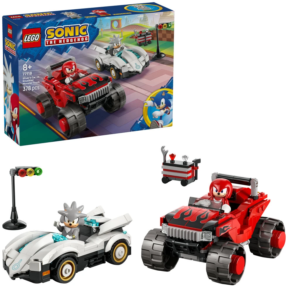 LEGO® Sonic the Hedgehog™ Sidabrinis automobilis prieš Knuckles sunkvežimį monstrą 77118