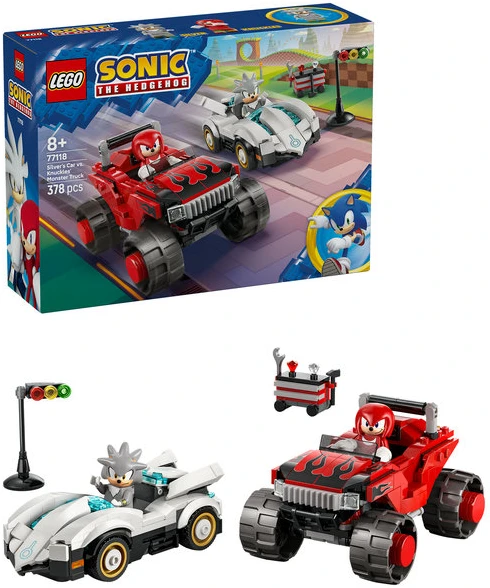 LEGO® Sonic the Hedgehog™ Sidabrinis automobilis prieš Knuckles sunkvežimį monstrą 77118