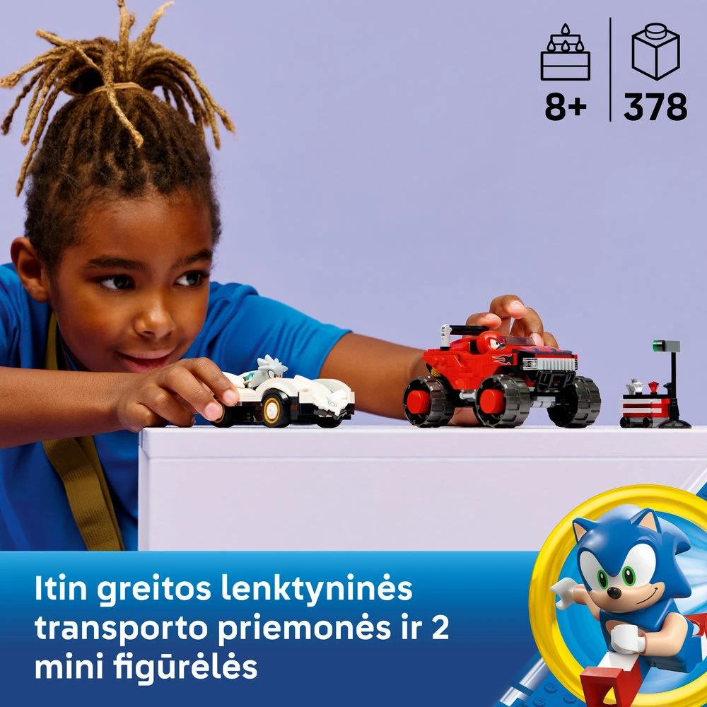LEGO® Sonic the Hedgehog™ Sidabrinis automobilis prieš Knuckles sunkvežimį monstrą 77118