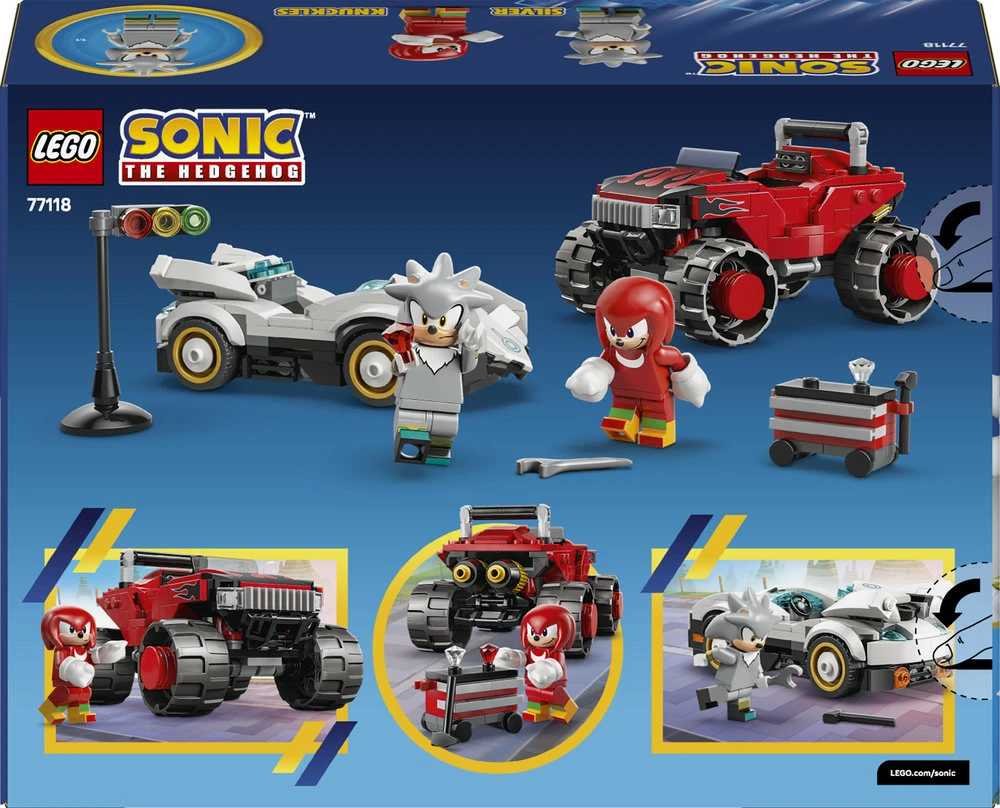 LEGO® Sonic the Hedgehog™ Sidabrinis automobilis prieš Knuckles sunkvežimį monstrą 77118