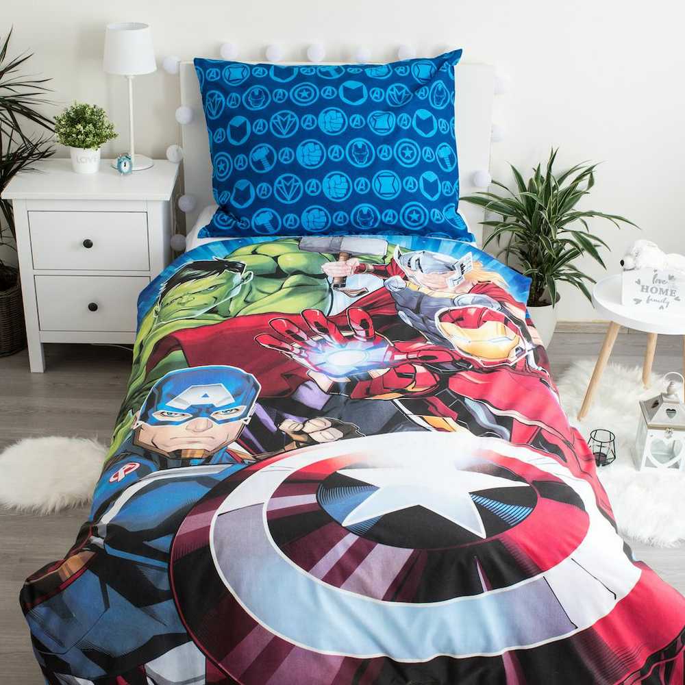 Patalynė świecąca w ciemności 140x200 Avengers 7851 bawełniana poszewka 70x90 mėlyna