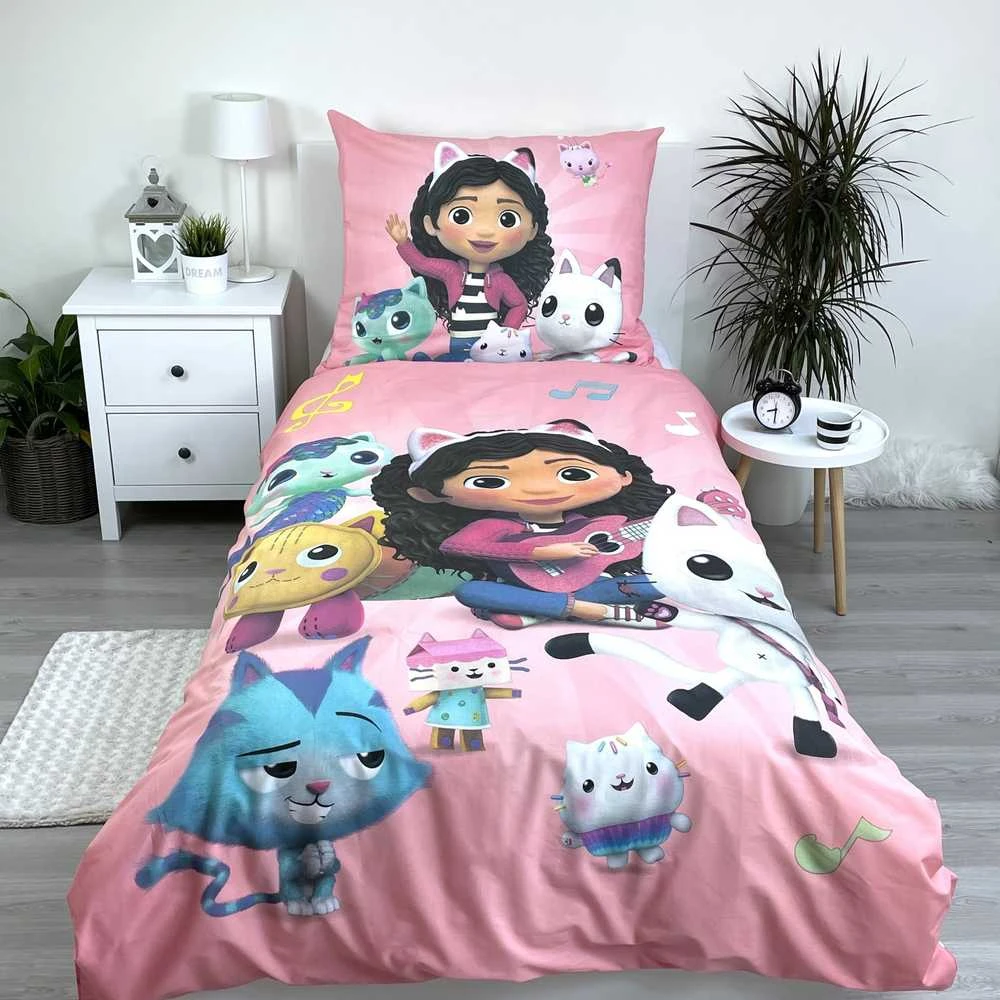 Patalynė bawełniana 140x200 Koci domek Gabi rožinė poszewka 70x90 Gabby`s Dollhouse JF 02