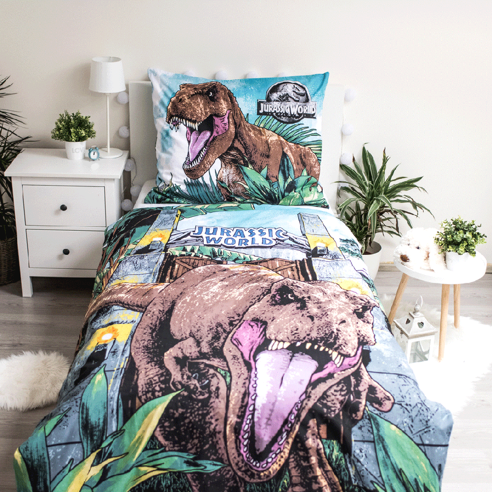 Patalynė świecąca w ciemności 140x200 Dinozaur Jurassic World Roar bawełniana poszewka 70x90