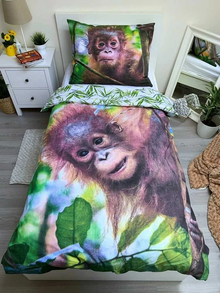 Patalynė bawełniana 140x200 Orangutan 7257 wesoła małpka liście palmy poszewka 70x90