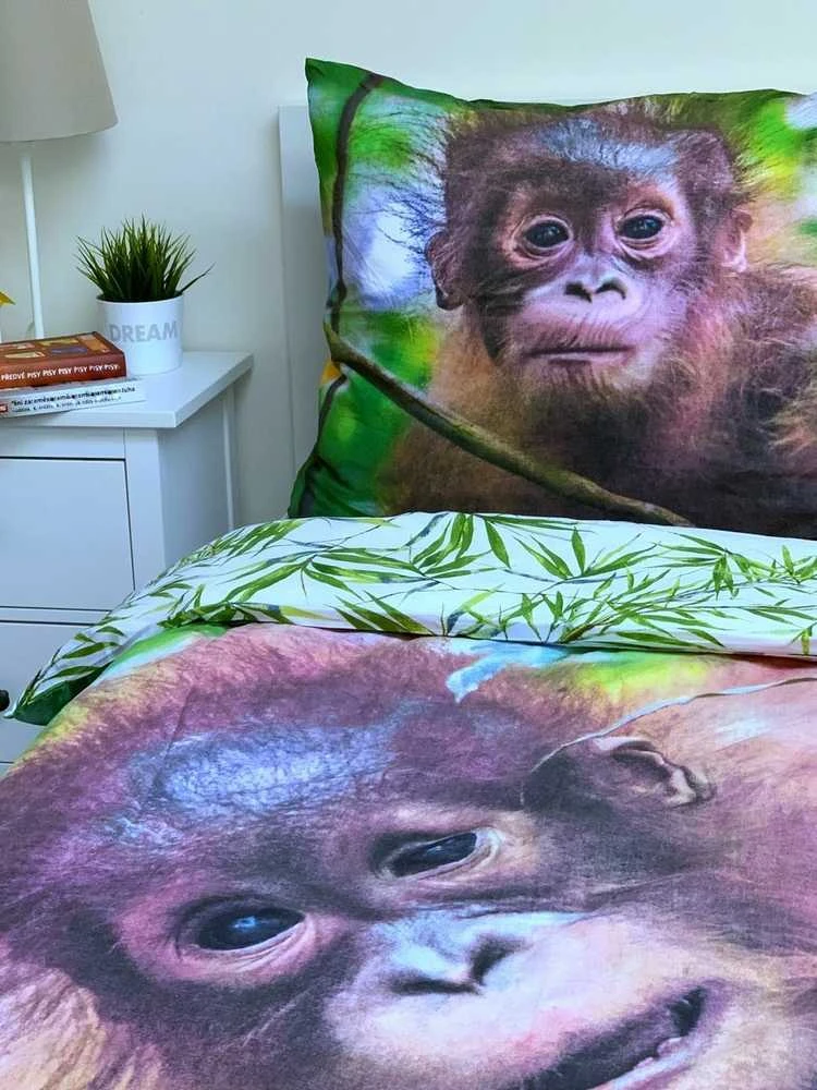 Patalynė bawełniana 140x200 Orangutan 7257 wesoła małpka liście palmy poszewka 70x90