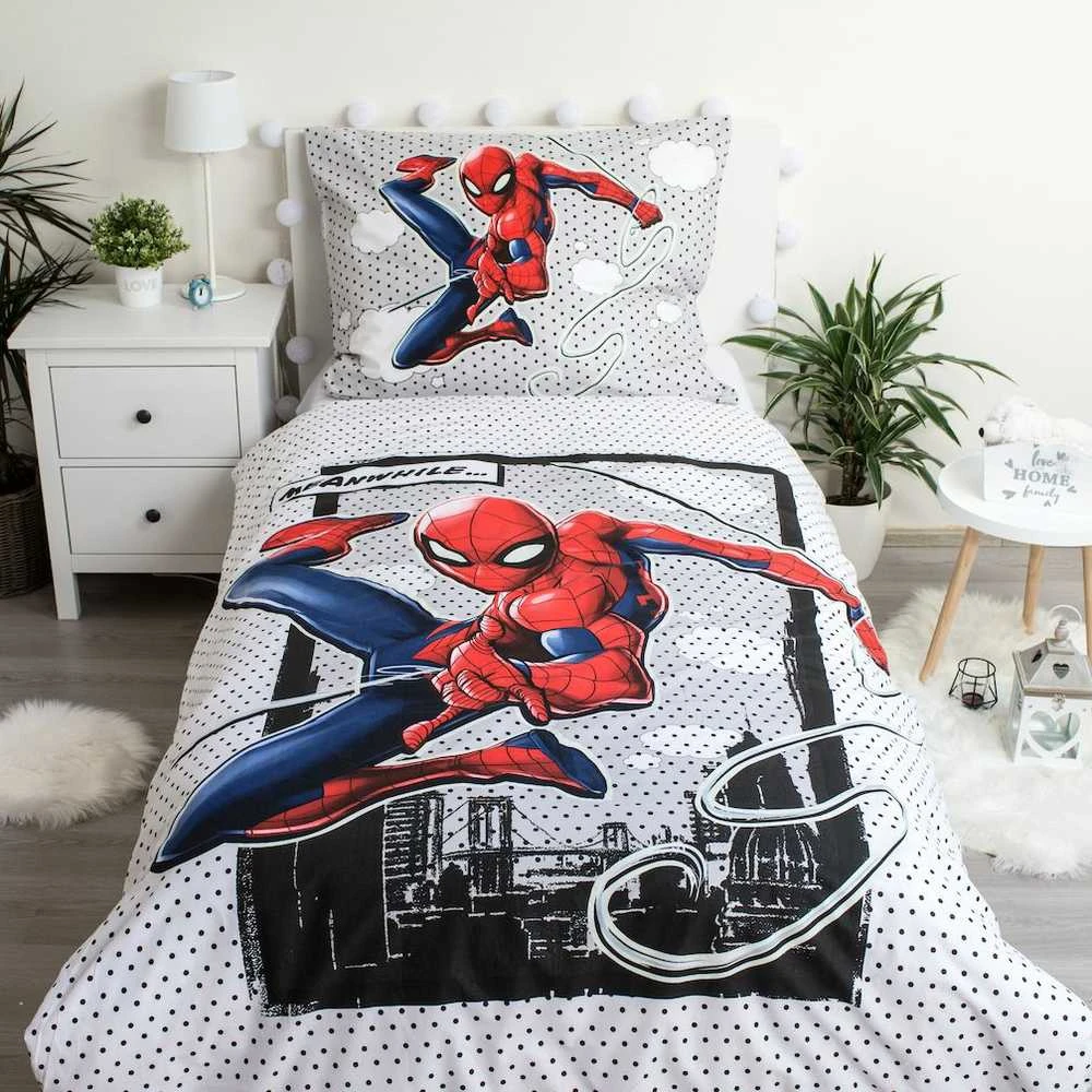 Patalynė świecąca w ciemności 140x200 Spiderman Człowiek Pająk 8438 bawełniana poszewka 70x90