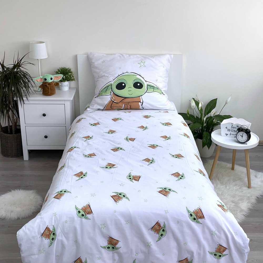 Patalynė bawełniana 140x200 Star Wars Baby Yoda balta žalia poszewka 70x90 August 23