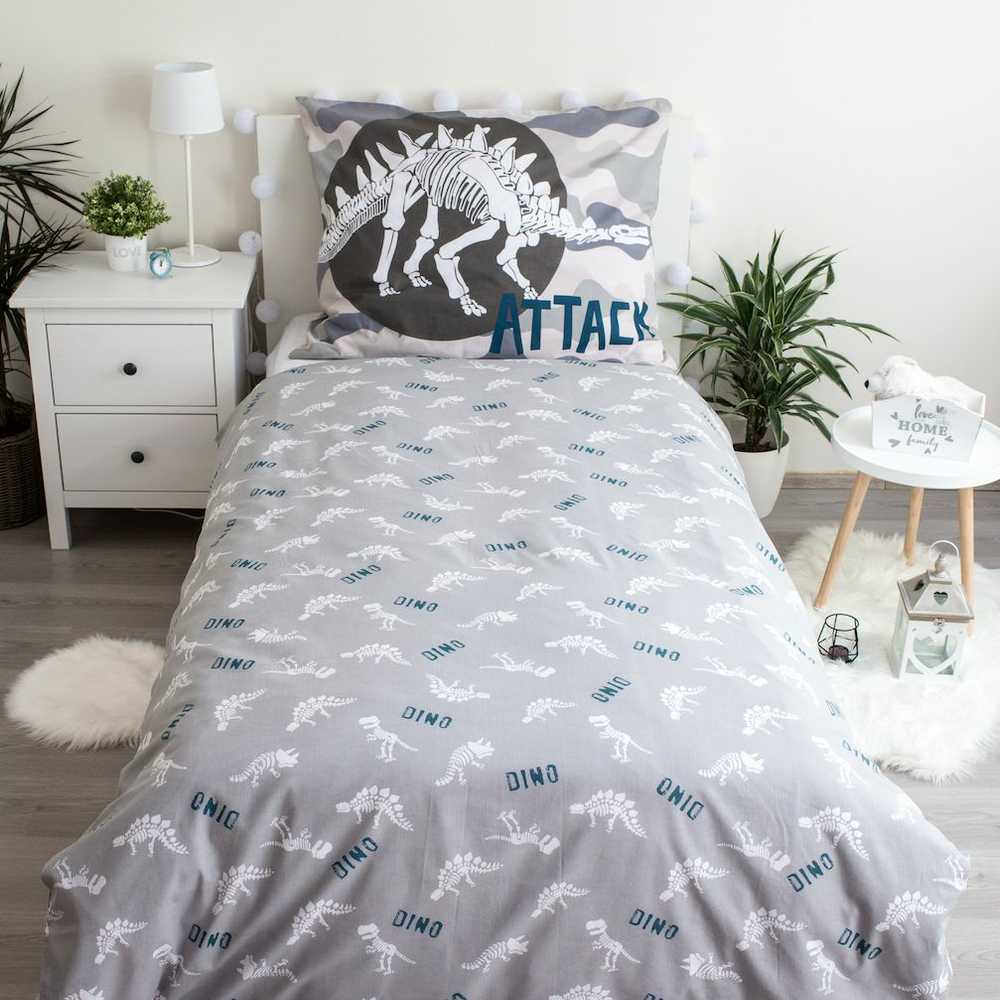 Patalynė świecąca w ciemności 140x200 Dinozaury T-Rex 7196 pilka bawełniana poszewka 70x90 młodzieżowa
