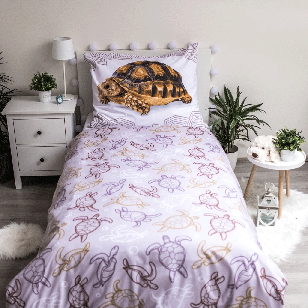 Patalynė bawełniana 140x200 Żółw Turtle balta smėlio sp. poszewka 70x90