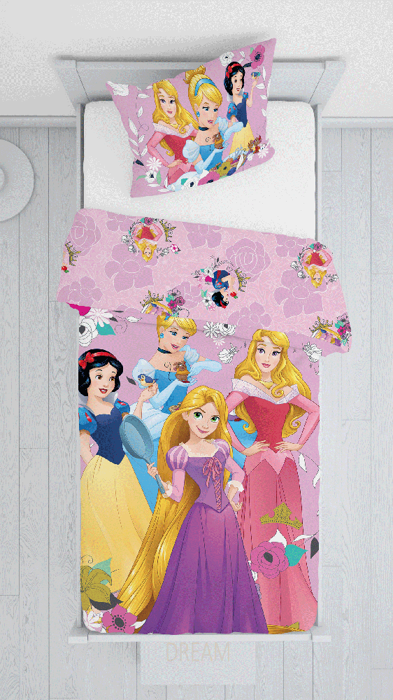 Patalynė bawełniana 140x200 Princesės 6763 Princess Kopciuszek Śnieżka Aurora Bella rožinė poszewka 70x90