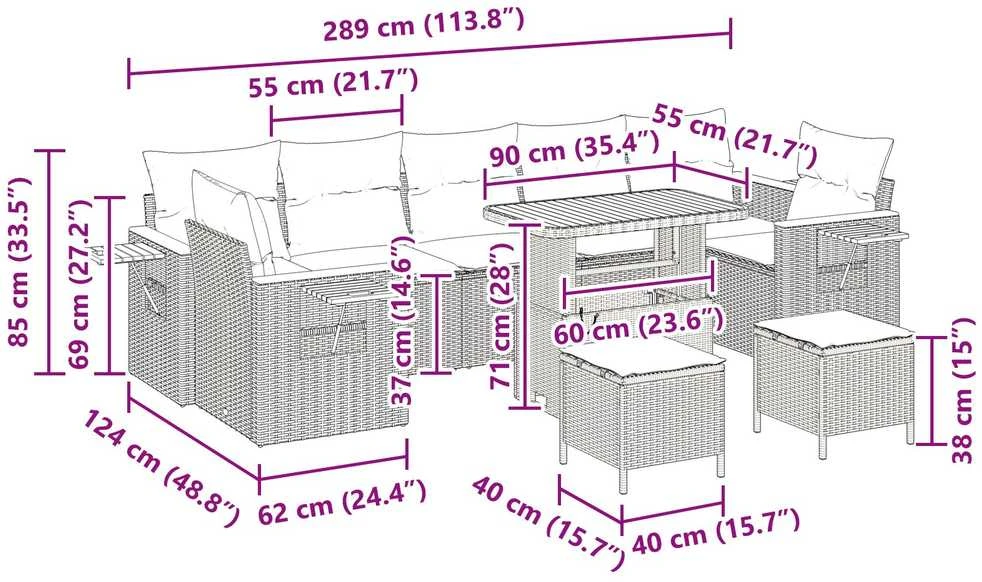 Sodo Sofų Rinkinys 10 vnt. 10-Vietų skaičius Juoda