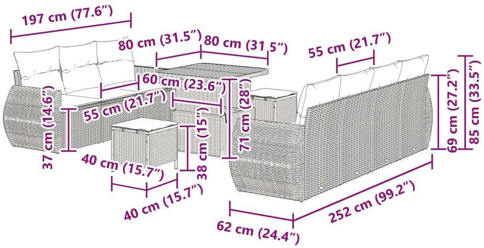 Lauko baldų komplektas Sodo Sofų Rinkinys su pagalve 10 pcs Juoda poliratanas