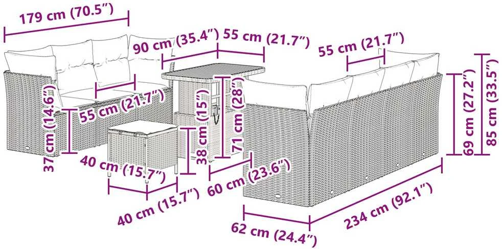 Lauko baldų komplektas Sodo Sofų Rinkinys 10 pcs Juoda poliratanas