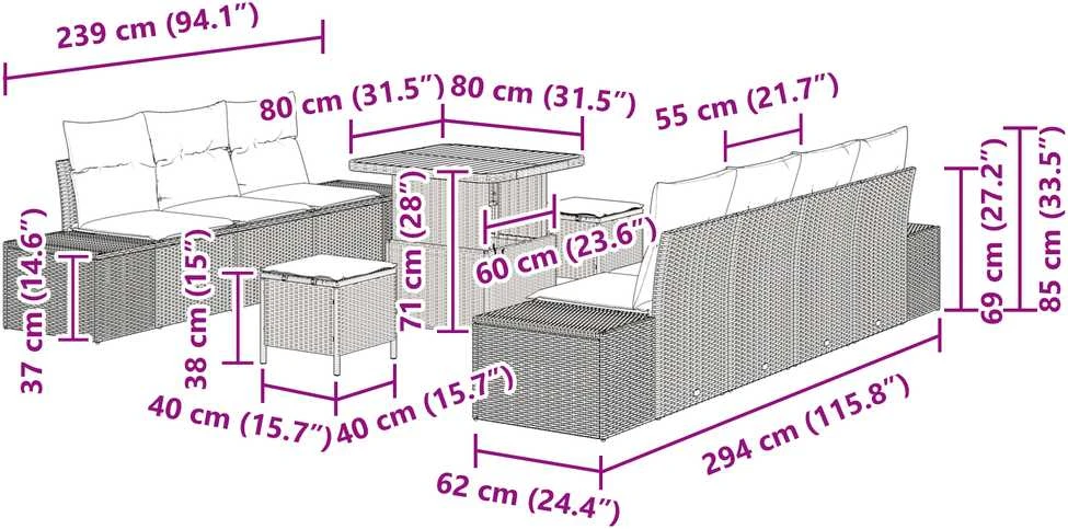 Sodo Sofų Rinkinys 10 vnt. Pilka poliratanas